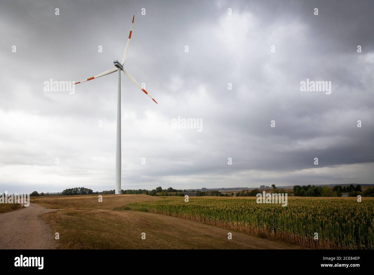 Windturbine am Rheindeich bei Rees, Nordrhein-Westfalen, Deutschland. Windrad am Rheindeich nahe Rees, Nordrhein-Westfalen, Deutschland. Stockfoto