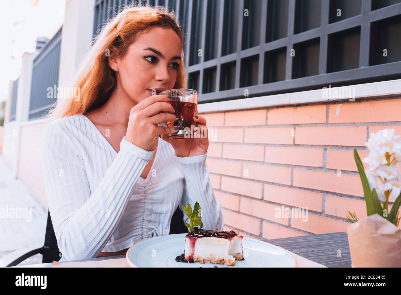 Junge verträumte Dame, die heißen Tee trinkt und dabei wegschaut Sitzen am Holztisch mit leckeren Heidelbeer Käsekuchen dekoriert mit Frische Minze in der Nähe der Ziegelmauer in der Cafeteria im Hinterlicht Stockfoto