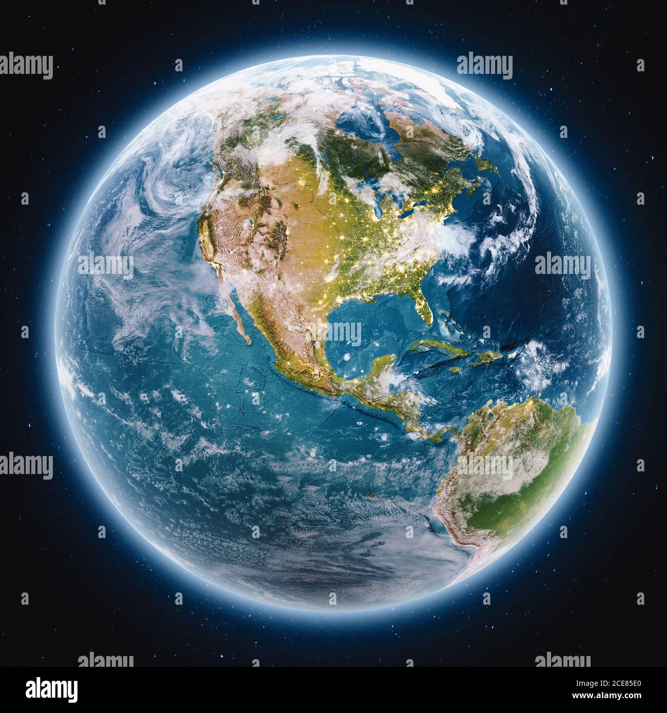 Planet Erde Globus bei Nacht Stockfoto