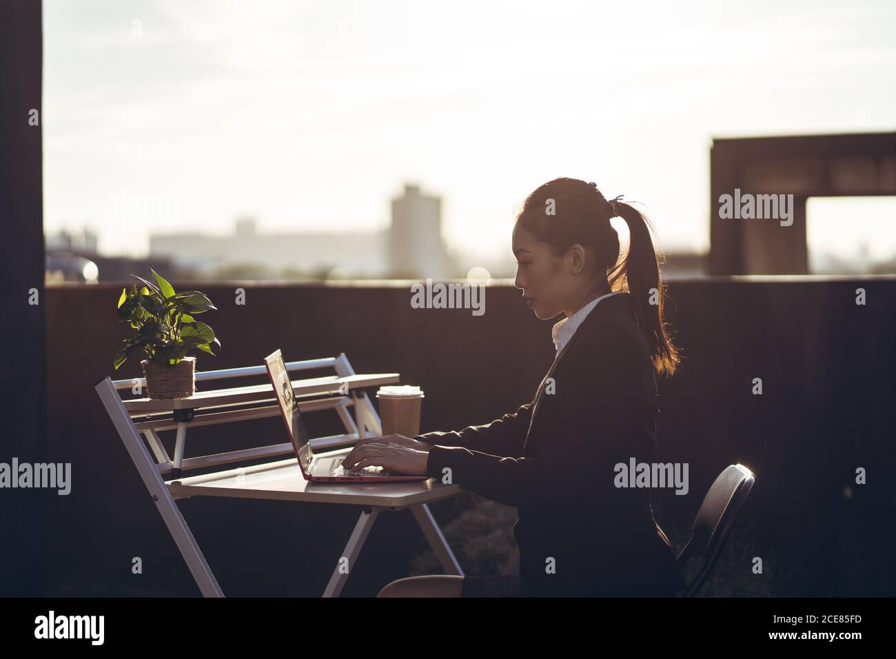 Seitenansicht der jungen asiatischen Geschäftsfrau in formellem Outfit Mit einem Laptop arbeiten, während Sie auf der Dachterrasse in der Stadt arbeiten Stockfoto