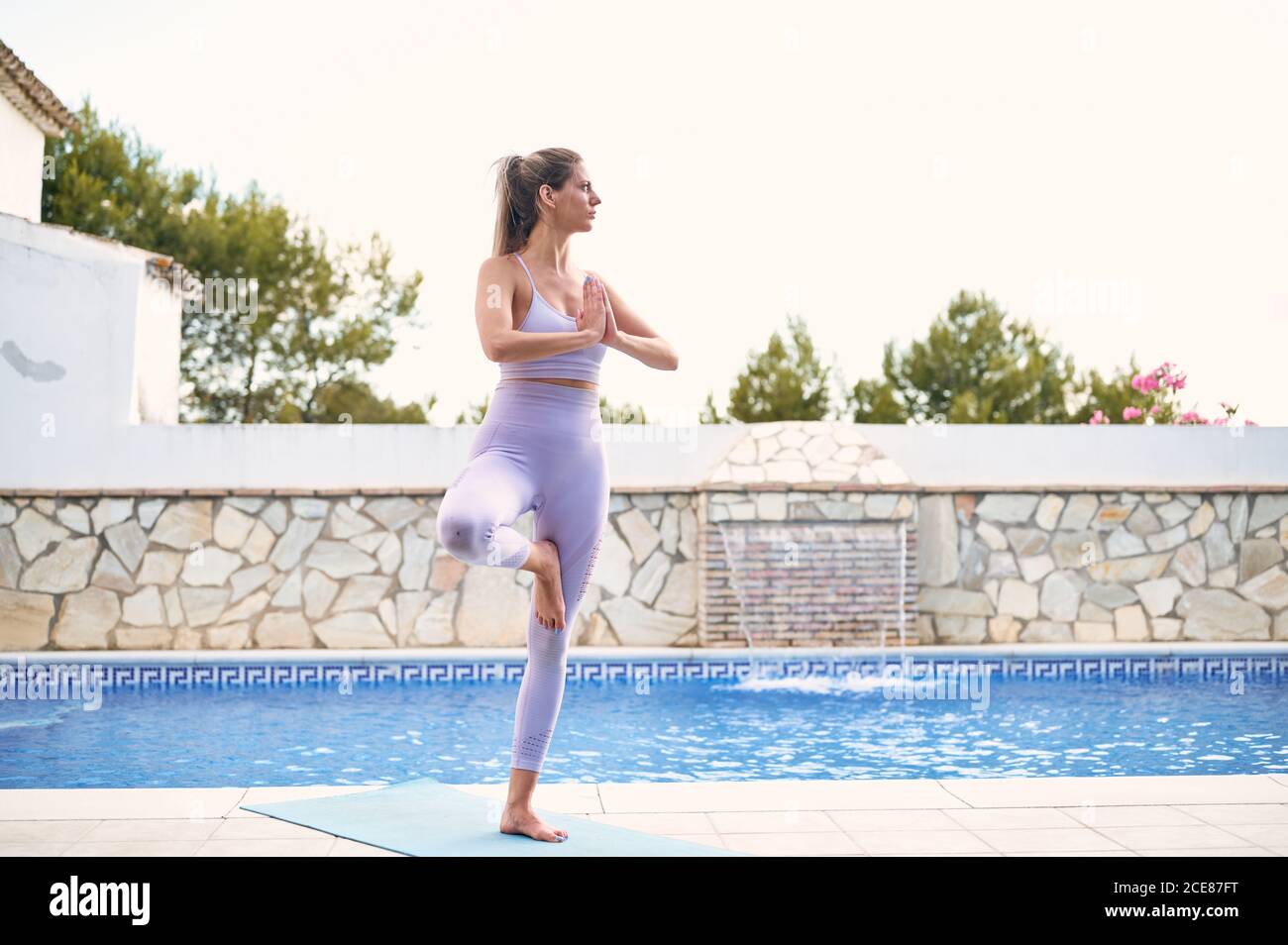 Ruhige Frau in Sport Leggings und BH balanciert auf Bein In Vrksasana mit Namaste Geste beim Yoga und Schauen Weg Stockfoto