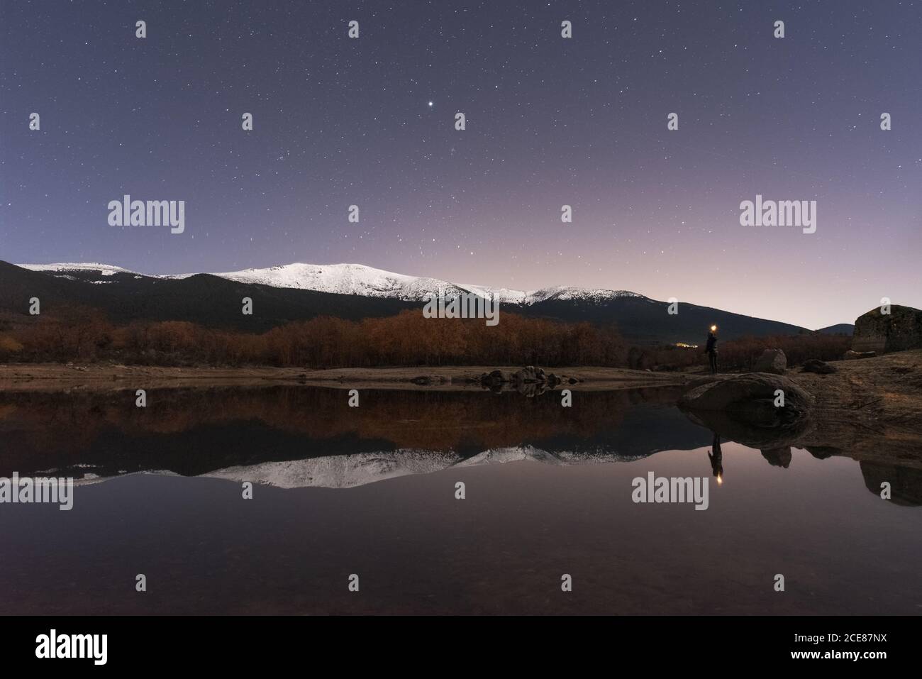 Rückansicht von nicht erkennbaren entfernten Wanderer in der Nähe von See und stehen Genießen Sie spektakuläre Landschaft von Schneebergen mit dunklem Himmel und Sterne in Frühlingsnacht Stockfoto