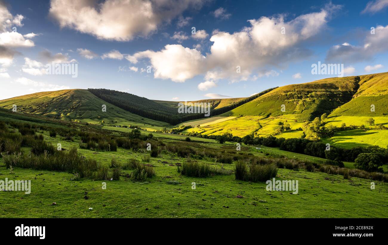 Die Abendsonne scheint auf dem Hay Bluff und dem twyn Llech Berg über dem Dyffryn Ewias Tal in den Black Mountains von Wales. Stockfoto