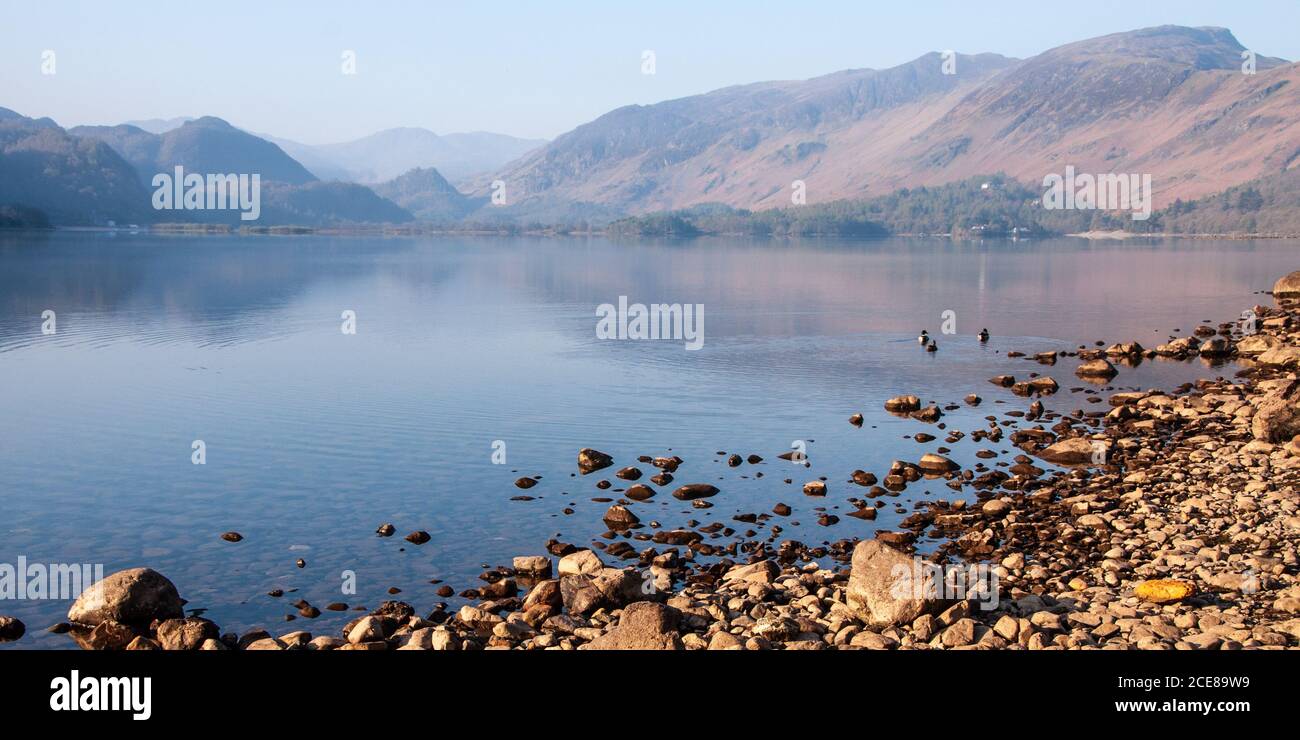 Weiches Morgenlicht beleuchtet Catbells und die Jaws of Borrowdale Mountains, reflektiert in den ruhigen Gewässern von Derwent Water im englischen See Distri Stockfoto