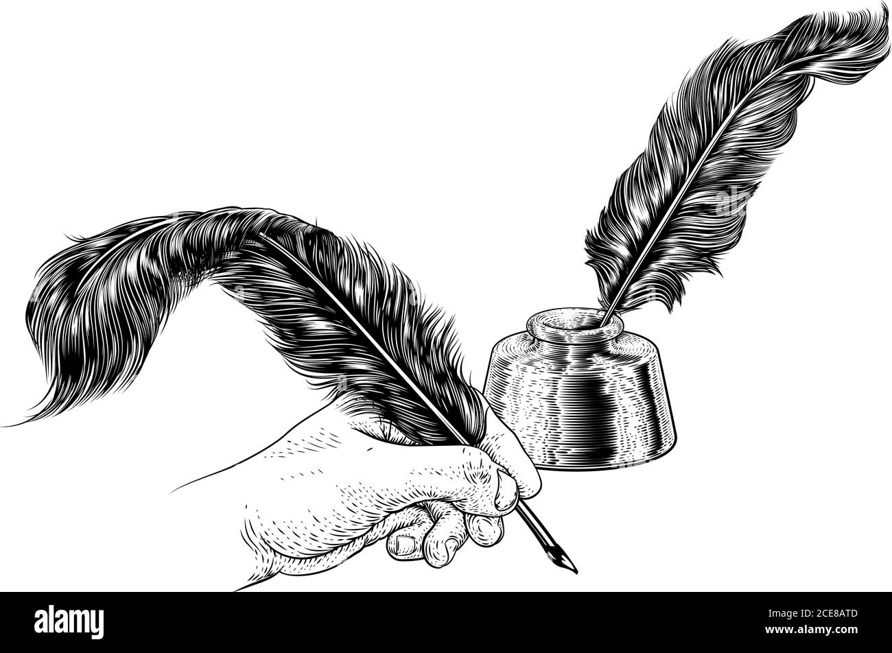 Federfeder Feder Feder Feder Hand Vintage Holzschnitt Print Stock Vektor