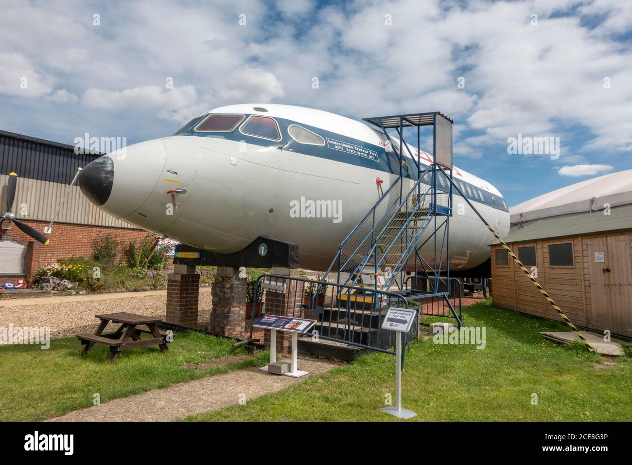 Rumpf eines De Havilland DH 121 Trident 2E, ausgestellt im De Havilland Museum, London Colney, UK. Stockfoto