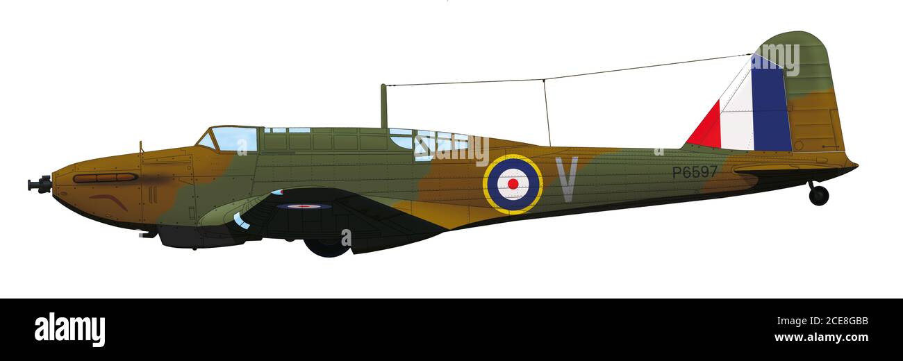 Fairey Battle Mk I (P6597) der No. 12 Squadron RAF. Das Flugzeug wurde am 19. August 1940 im französischen Hafen Boulogne abgeschossen Stockfoto