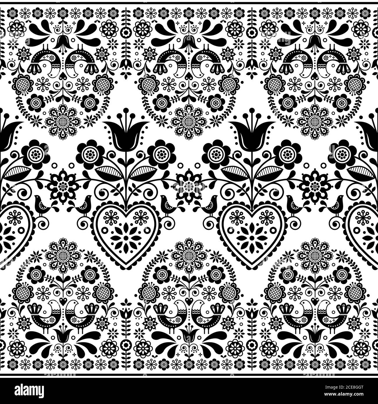 Skandinavische florale Volkskunst nahtlose Vektor-Muster mit Vögeln, Nordic repetitive schwarz und weiß Ornament mit Blumen Stock Vektor