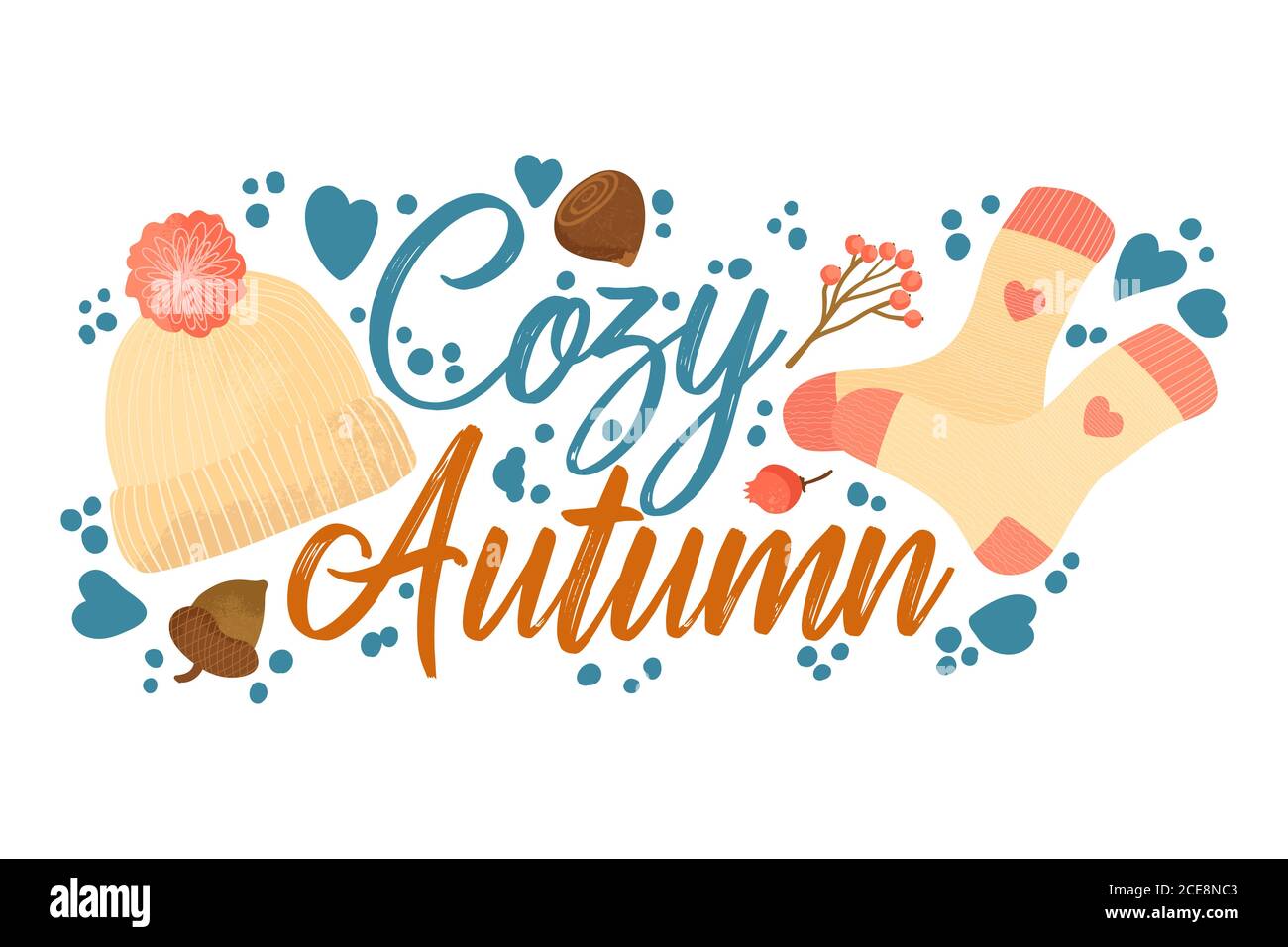 Cosy Autumn - Herbst Typografie Zitate mit Herbst Elemente. Vector Zitate mit Herbst gestrickten Socken, Waldnüsse, Beeren und Strickmütze mit Pompon Stock Vektor