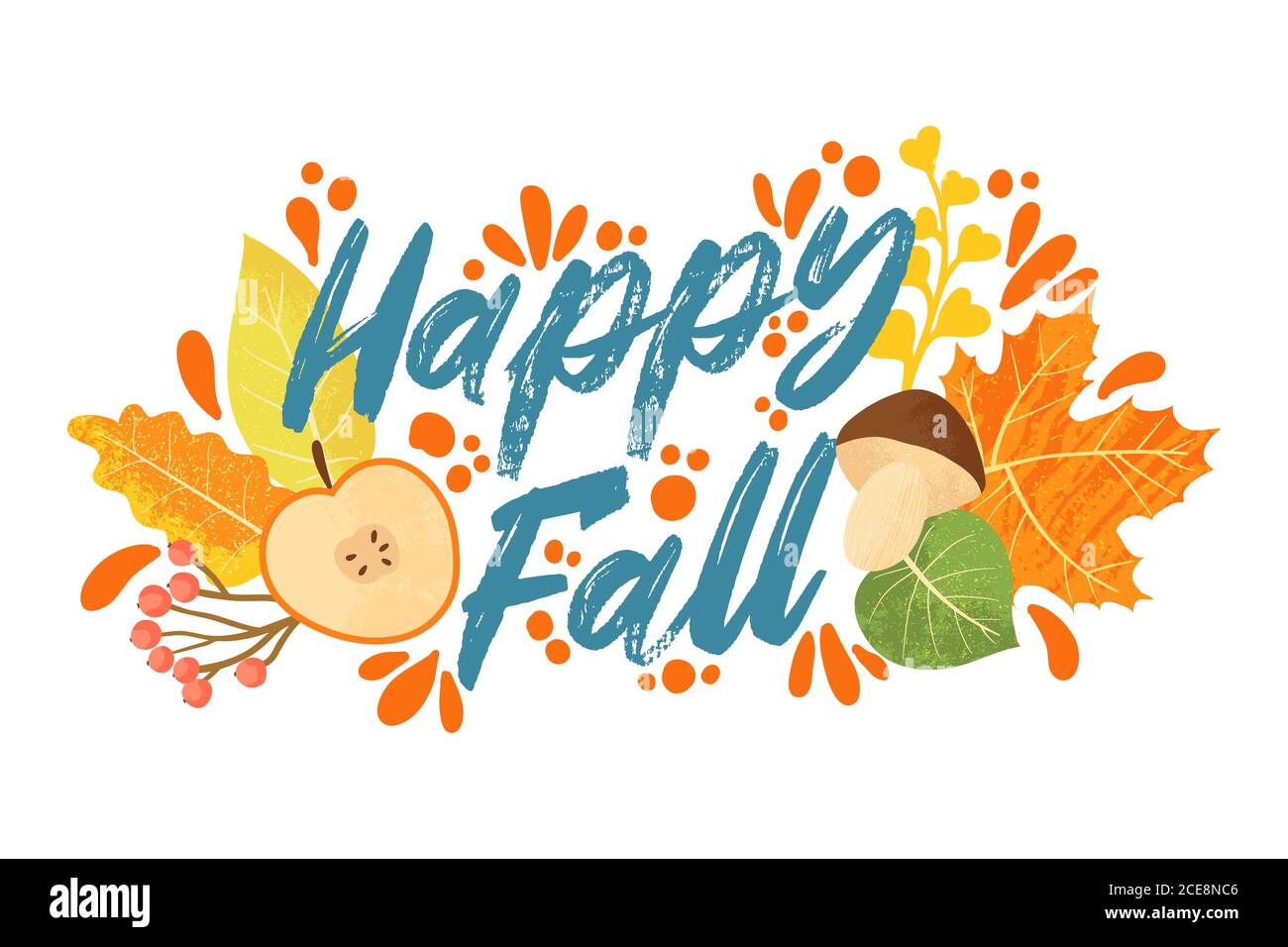 Happy Fall Typografie Zitate mit Herbstelementen. Vektor-Zitate mit Herbstblättern, Apfel, Beeren und Pilze. Isoliert auf weißem Hintergrund. Stock Vektor