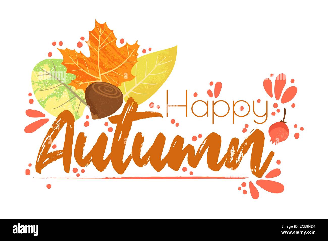 Happy Autumn - Herbst Typografie Zitate mit Herbst Elemente. Vektor-Zitate mit Herbstblättern, Walnüssen und Beeren. Isoliert auf weißem Hintergrund Stock Vektor