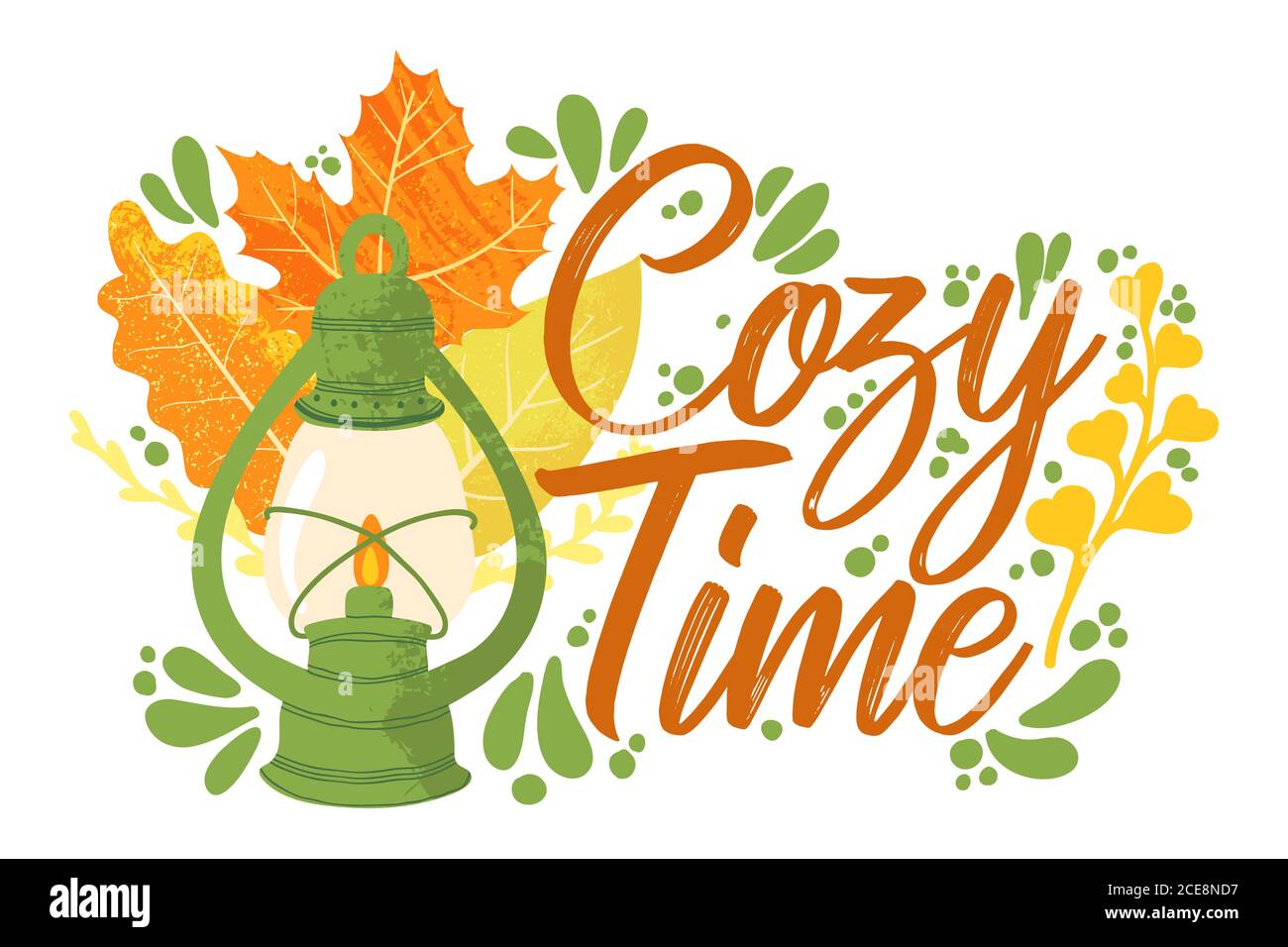 Cosy Time - Herbst Typografie Zitate mit Herbst Elemente. Vektor-Zitate mit Herbstblättern, Beeren und Laterne. Isoliert auf weißem Hintergrund. Stock Vektor