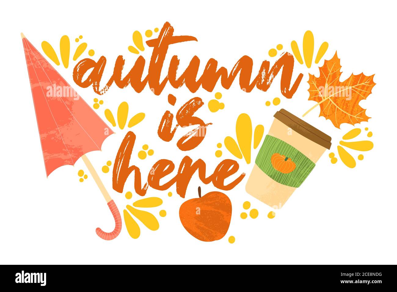 Herbst ist da - Herbst Typografie Zitate mit Herbst Elemente. Vektor-Zitate mit Herbstblättern, Regenschirm, Apfel und Becher mit Kürbis Latte. Isoliert Stock Vektor