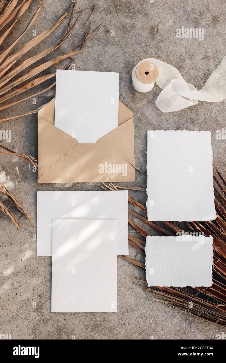 Suite mit Einladung für tropische Hochzeiten. Sommer Schreibwaren Mock-up-Szene. Leere Grußkarten mit trockenen Palmblättern im Sonnenlicht. Schattenüberlagerung. Grunge Stockfoto