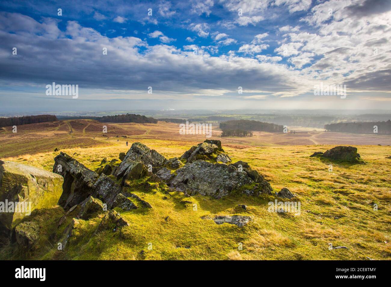 Leicester im Abstand von Hunt's Hill auf Charnwood Forest gesehen. Stockfoto