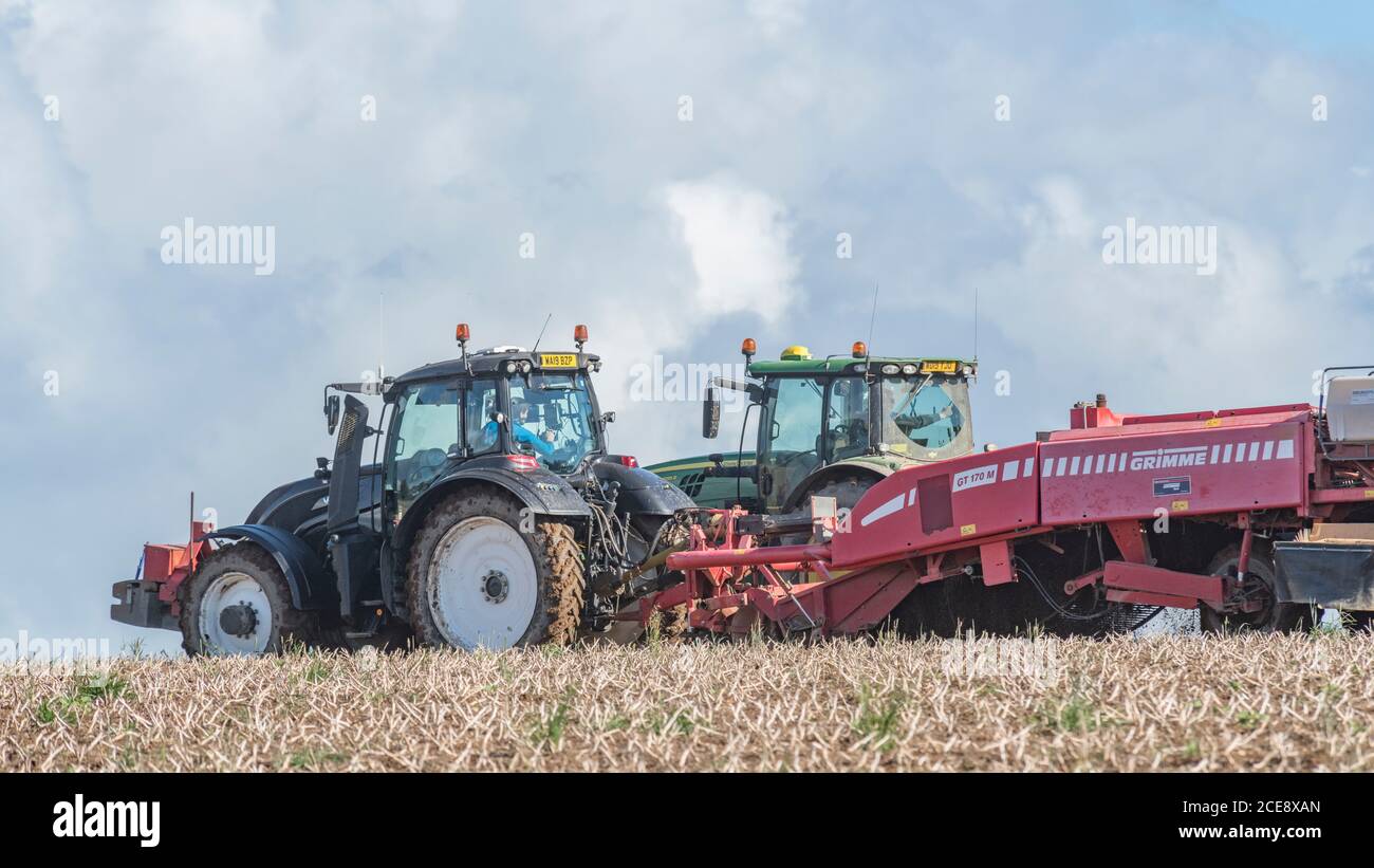 2020 UK Kartoffelernte mit Grimme Kartoffelerntemaschine gezogen von Valtra Traktor & Anhänger gezogen von Claas Arion 640 Traktor. Feld 16:9 Querformat. Stockfoto