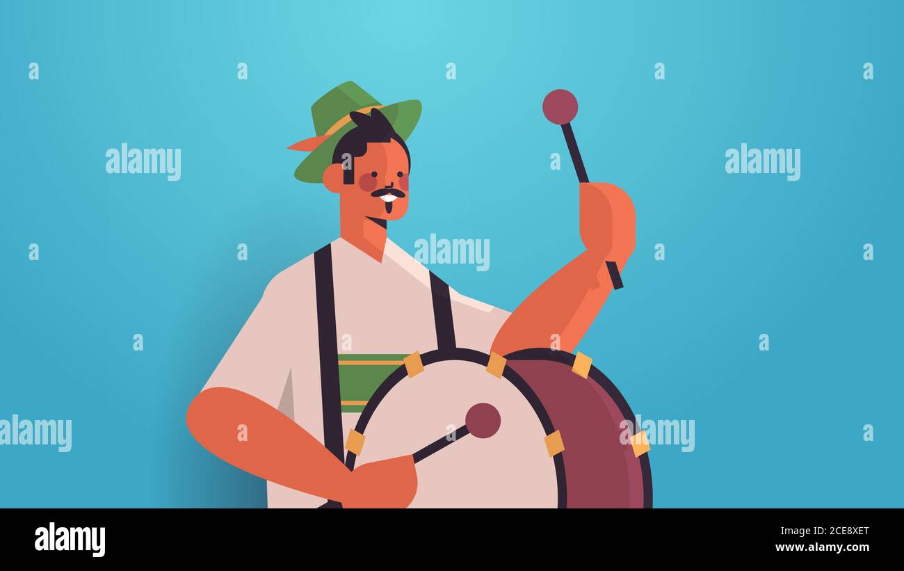 Musiker spielen Trommel auf größte Volksfest Oktoberfest Party Feier Konzept Mann in deutscher traditioneller Kleidung mit Spaß Porträt horizontal vektorgrafik Stock Vektor