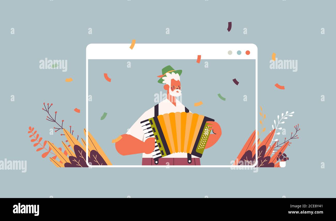 Musiker spielen Akkordeon auf größte Volksfest Oktoberfest Party Feier Konzept Mann in deutscher traditioneller Kleidung mit Spaß Web-Browser Horizontale Vektordarstellung im Hochformat des Fensters Stock Vektor