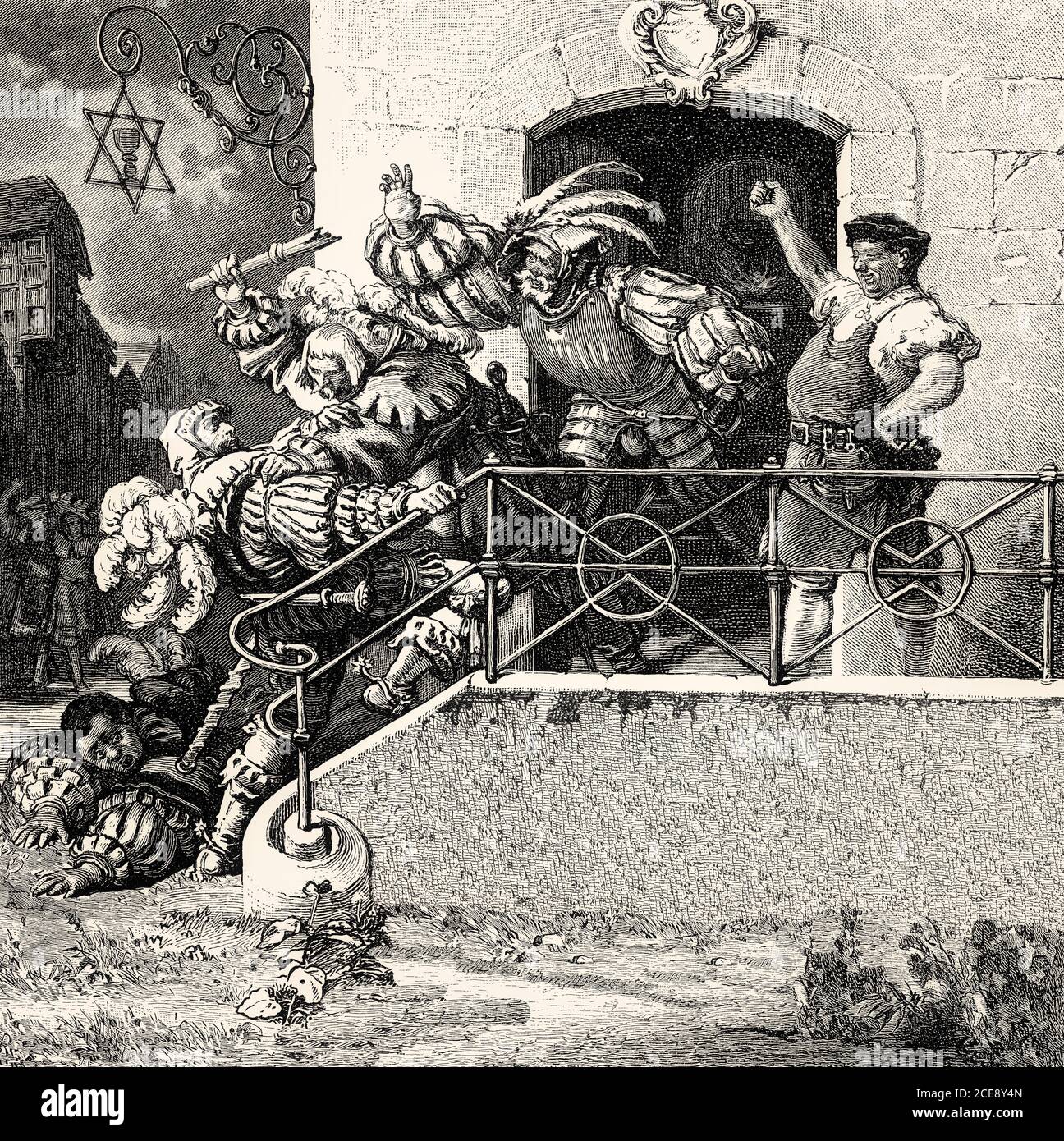 AKT I. SZENE I., ein Gasthaus am Schwarzenberg in Franken, Götz von Berlichingen, Drama von Johann Wolfgang von Goethe Stockfoto