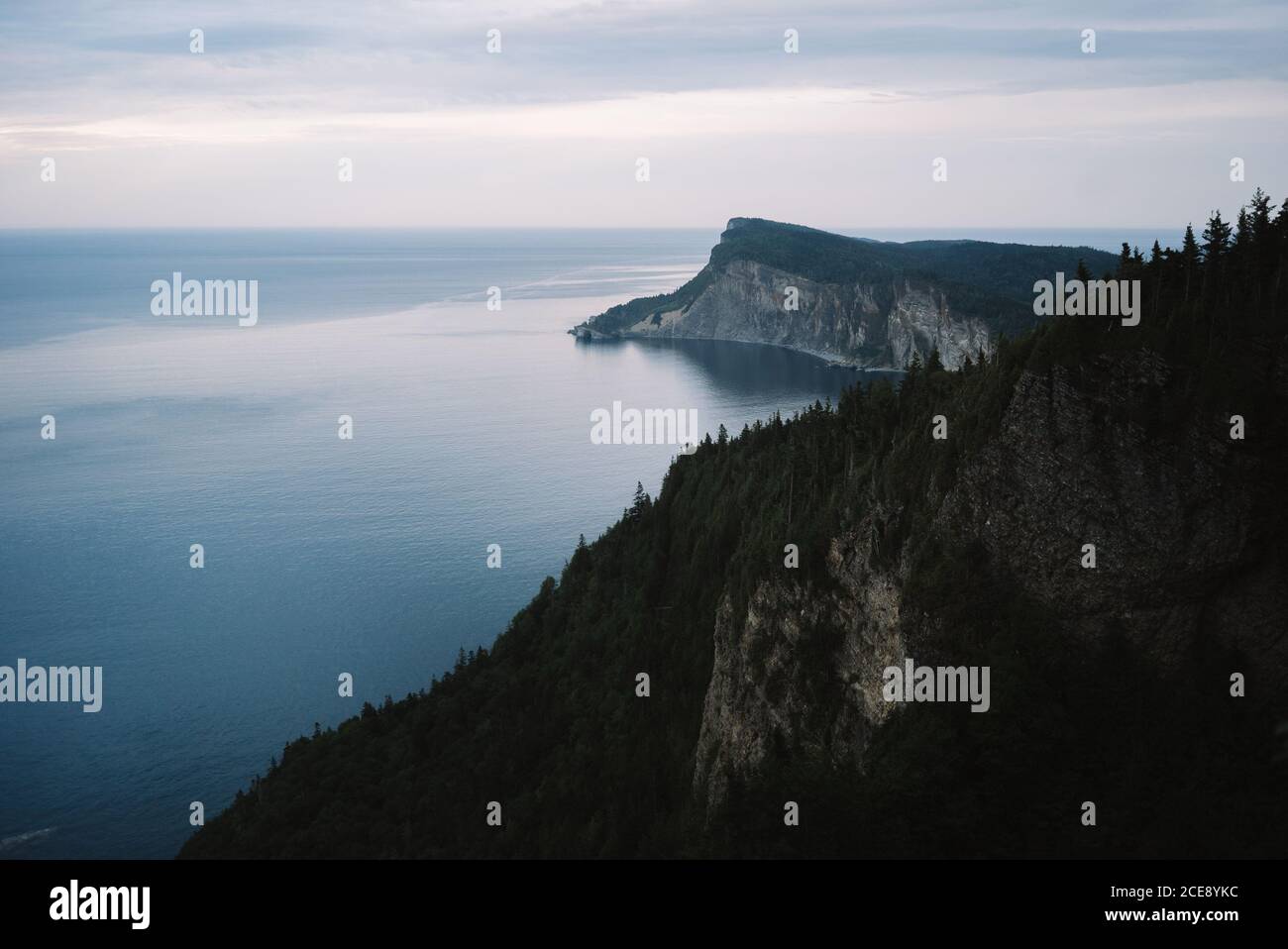Von oben von rauen Klippen mit immergrünen Wald in bedeckt Endlose Landschaft des La Mauricie National Park Stockfoto