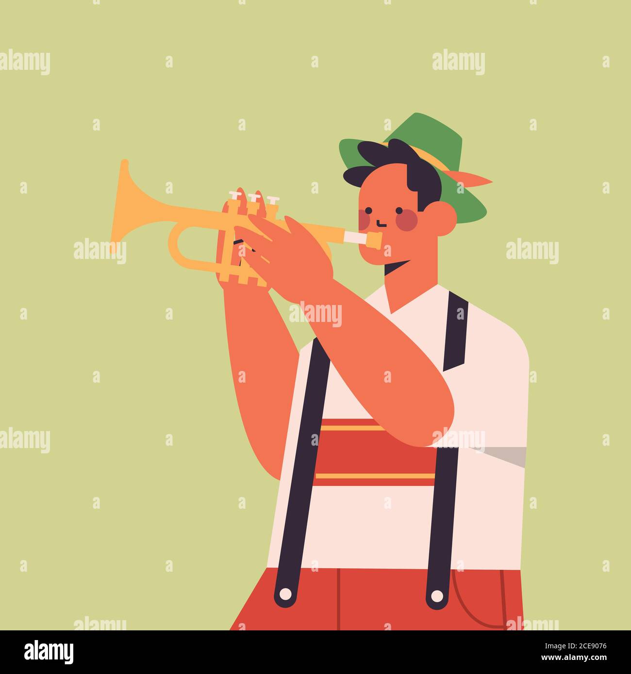 Musiker spielt Trompete auf Volksfest Oktoberfest Party Feier Konzept Mann in deutscher traditioneller Kleidung mit Spaß Portrait Vektor Illustration Stock Vektor