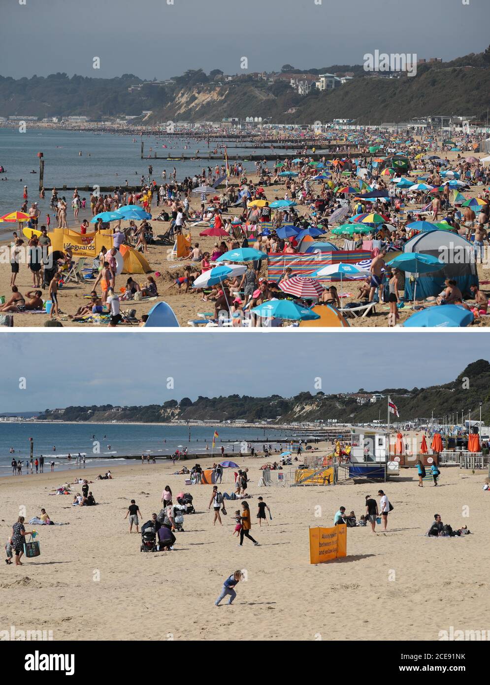 Zusammengesetztes Foto von Leuten, die das heiße Wetter an einem belebten Bournemouth Strand, Dorset, während des August Feiertagswochenendes am 26/08/2019 (oben) und einem ruhigen Strand heute genießen. Stockfoto