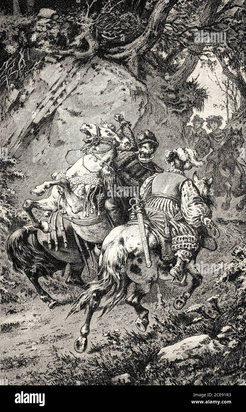 I. AKT, die Gefangennahme VON ADELBERT VON WEISLINGEN, Szene aus Götz von Berlichingen, Drama von Johann Wolfgang von Goethe Stockfoto