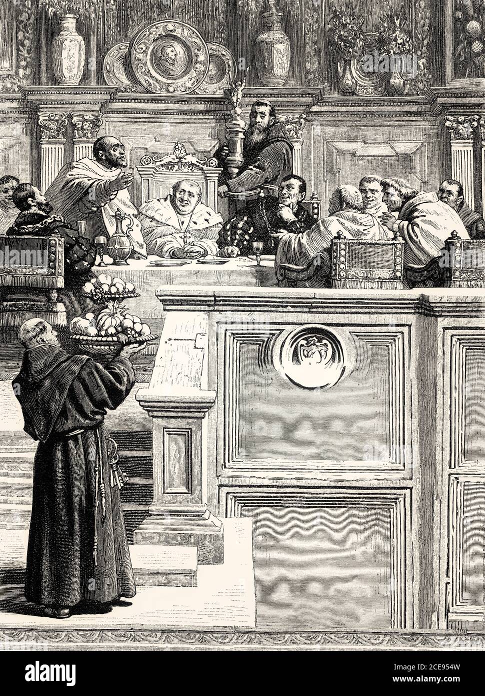 SZENE IV., Götz von Berlichingen von Johann Wolfgang von Goethe, Bamberger Schloss, der Bischof, der Abt von Fulda, Olearius, Liebtraut und Höflinge Stockfoto