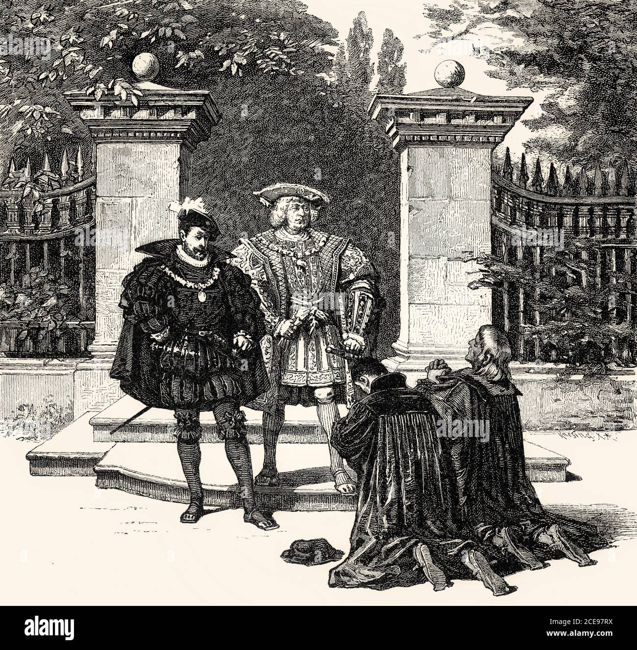 III. AKT, I. SZENE, ein Garten in Augsburg, Kaiser MAXIMILIAN, ADELBERT VON WEISLINGEN, zwei Kaufmann von Nürnberg, Szene aus Götz von Berlichingen von Johann Wolfgang von Goethe Stockfoto