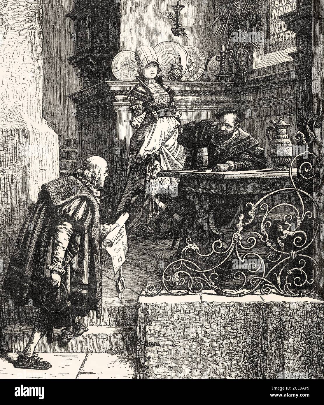 AKT IV SZENE I., ein Gasthaus in Heilbronn Götz, Elisabeth, Sergeant, Szene aus Götz von Berlichingen von Johann Wolfgang von Goethe Stockfoto