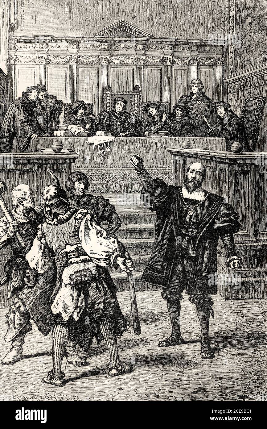 AKT IV., SZENE II., das Gemeindehaus in Heilbronn, die versuchte Festnahme von Goetz, Szene aus Götz von Berlichingen von Johann Wolfgang von Goethe Stockfoto