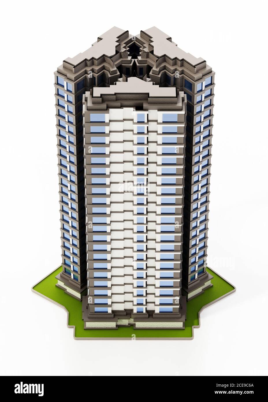 Modernes, isoliertes Gebäude mit weißem Hintergrund. 3D-Illustration. Stockfoto