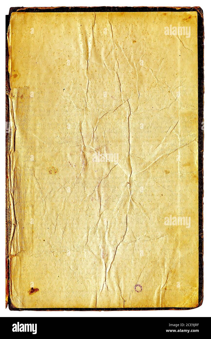 Seite des alten Buches auf weißem Hintergrund Stockfoto