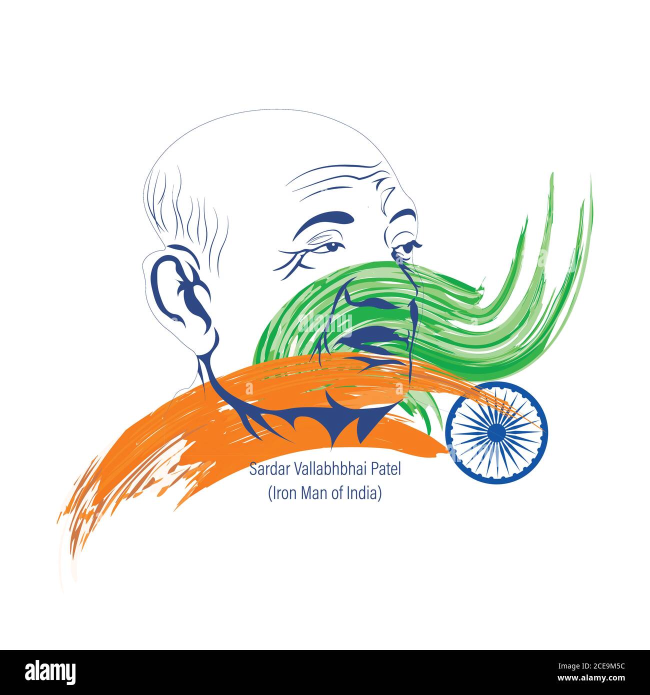 Vektor-Illustration von Sardar Vallabhbhai Patel, der Eiserne Mann von Indien während der Unabhängigkeit 1947. Skizze mit dreifarbiger indischer Flagge. Stock Vektor