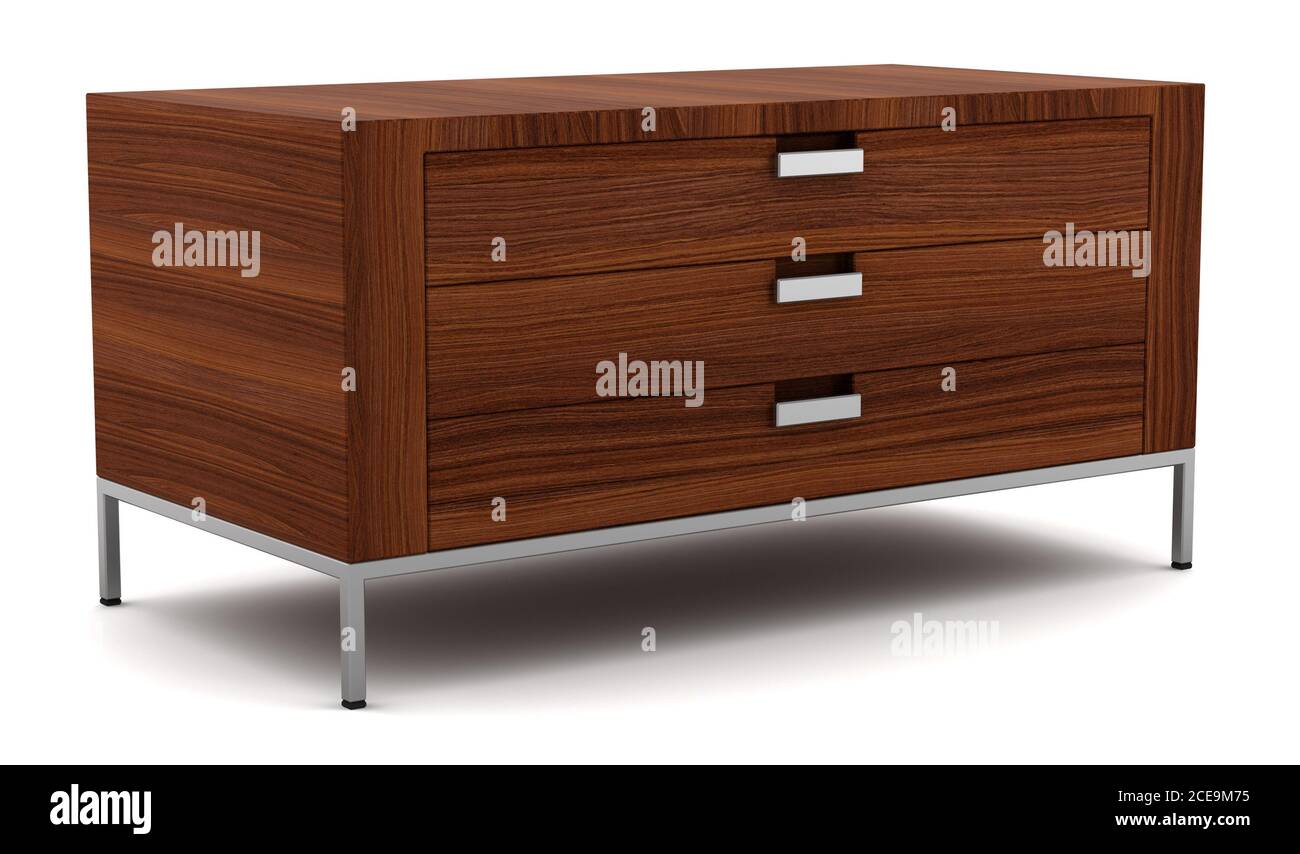 hölzerne Kommode isoliert auf weiss Stockfoto
