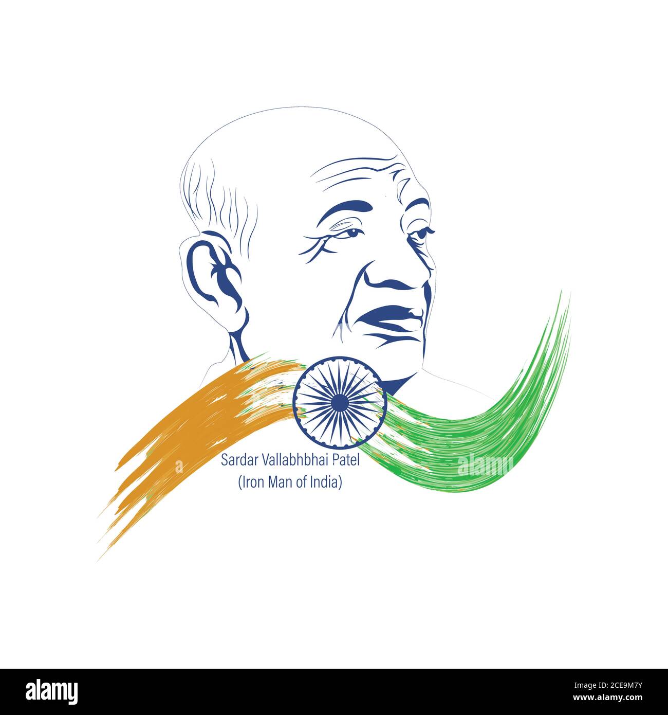 Vektor-Illustration von Sardar Vallabhbhai Patel, der Eiserne Mann von Indien während der Unabhängigkeit 1947. Skizze mit dreifarbiger indischer Flagge. Stock Vektor