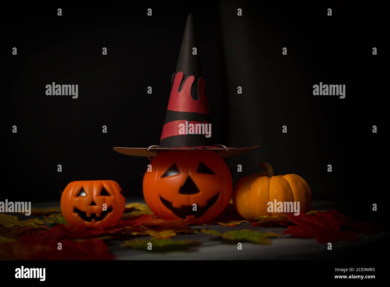 Ein Kürbis trägt einen Halloween Hexenhut mit Ahornblättern auf dunklem Hintergrund. Stockfoto