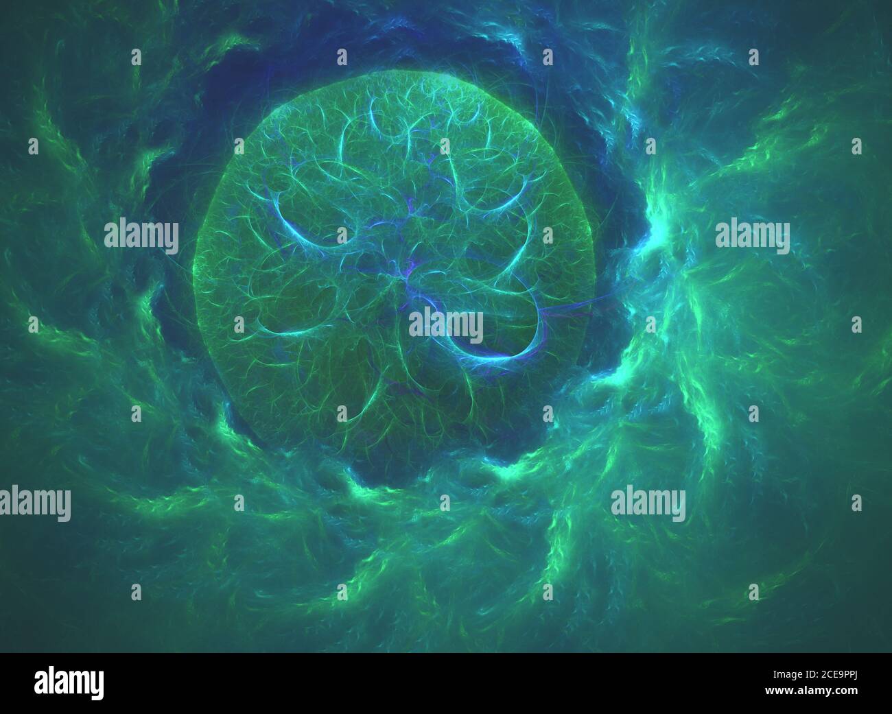 Leuchtenden grünen geschwungenen Linien in Form von schwarzen Loch über dem dunklen Abstrakt Hintergrund Raum Universum. Abbildung: Stockfoto