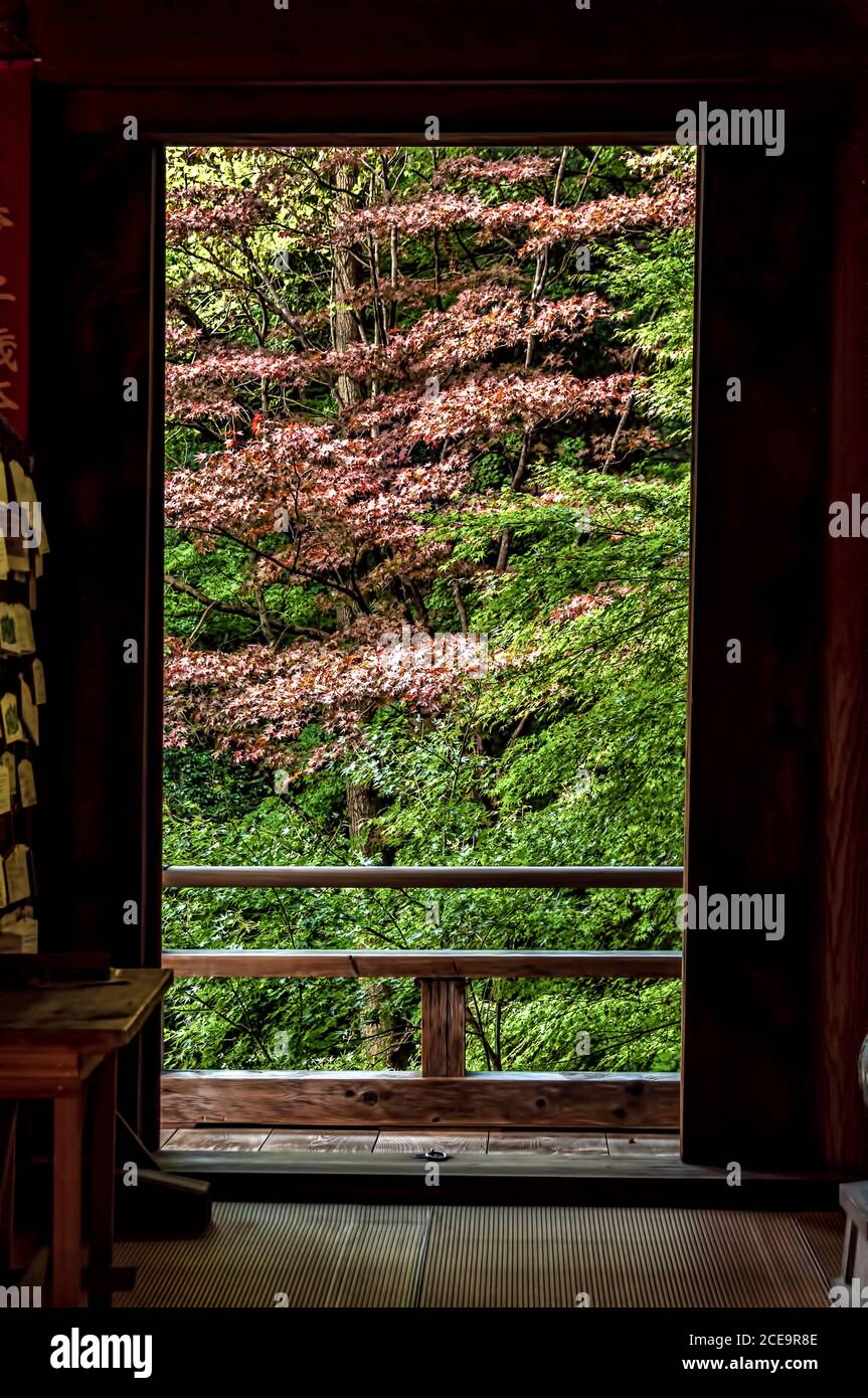 Terrassentür in Maniden Gebäude, Shoshazan Engyoji Tempel, Himeji, Japan Stockfoto