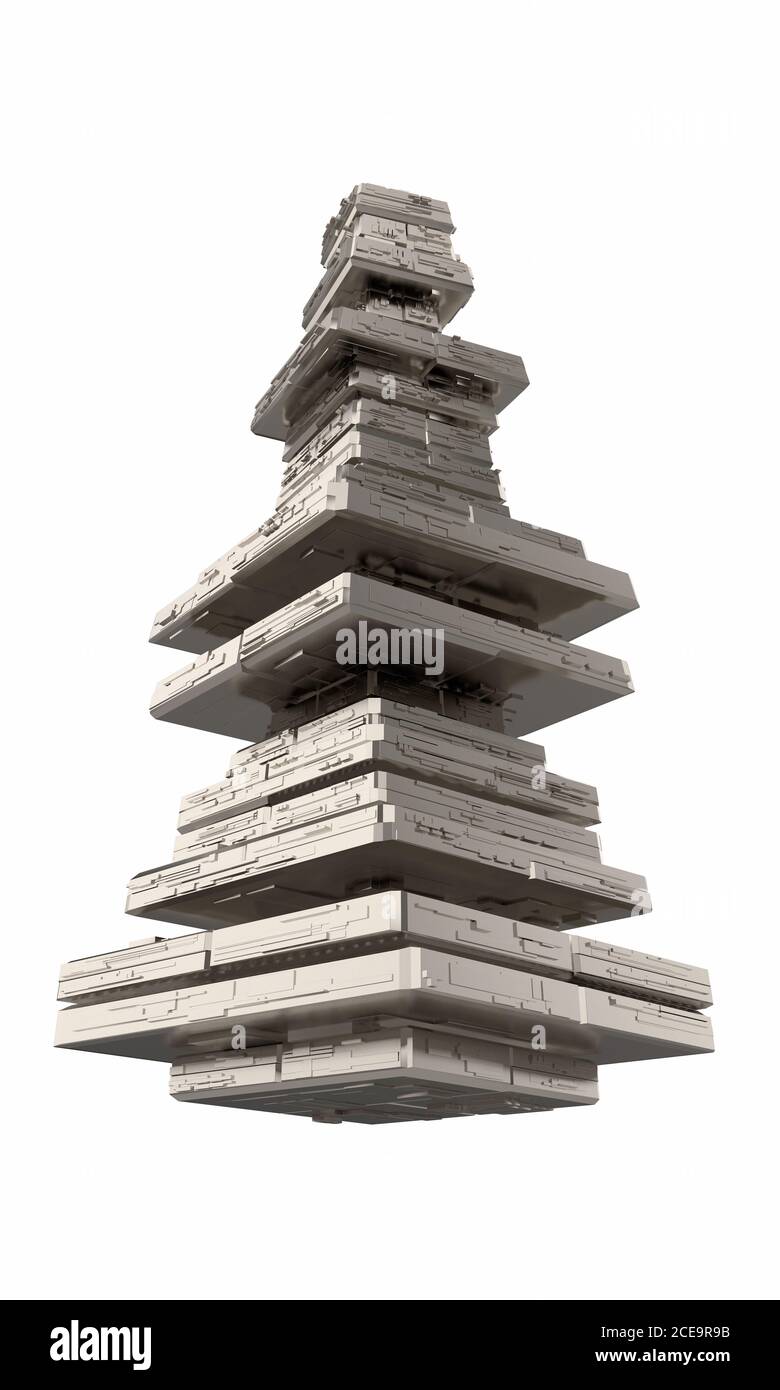 Design der Architektur Metall pyramidale Struktur ähnlich Raumschiff außen. Abstrakte moderne Architektur 3d-Illustration iso Stockfoto