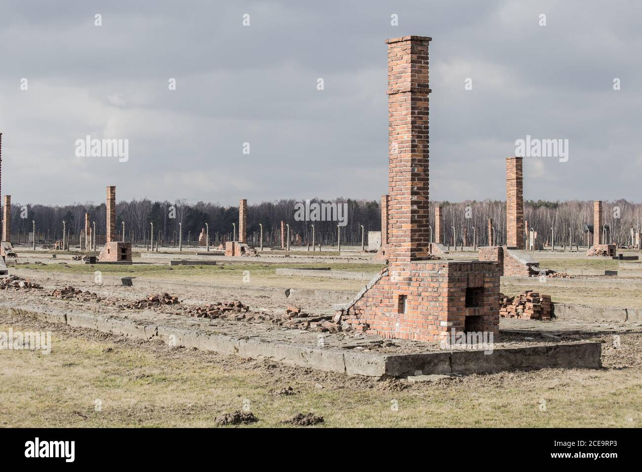 Auschwitz II Birkenau, Ruinen von Kasernen in Birkenau. Öfen und Kamine sind alles, was von alten hölzernen Konzentrationslager bleibt Stockfoto