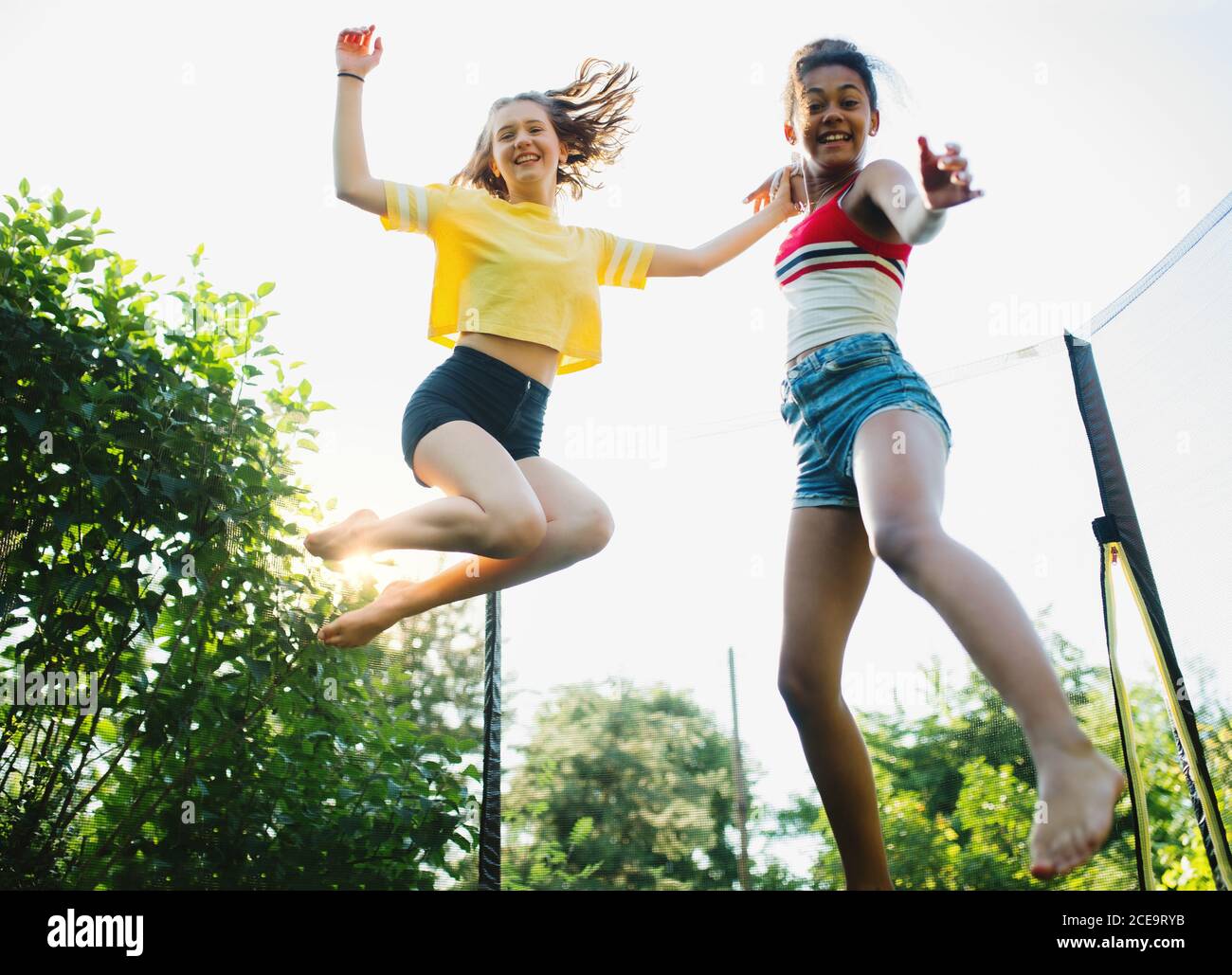 Low-Winkel-Ansicht der jungen Teenager Mädchen Freunde im Freien im Garten, springen auf Trampolin. Stockfoto