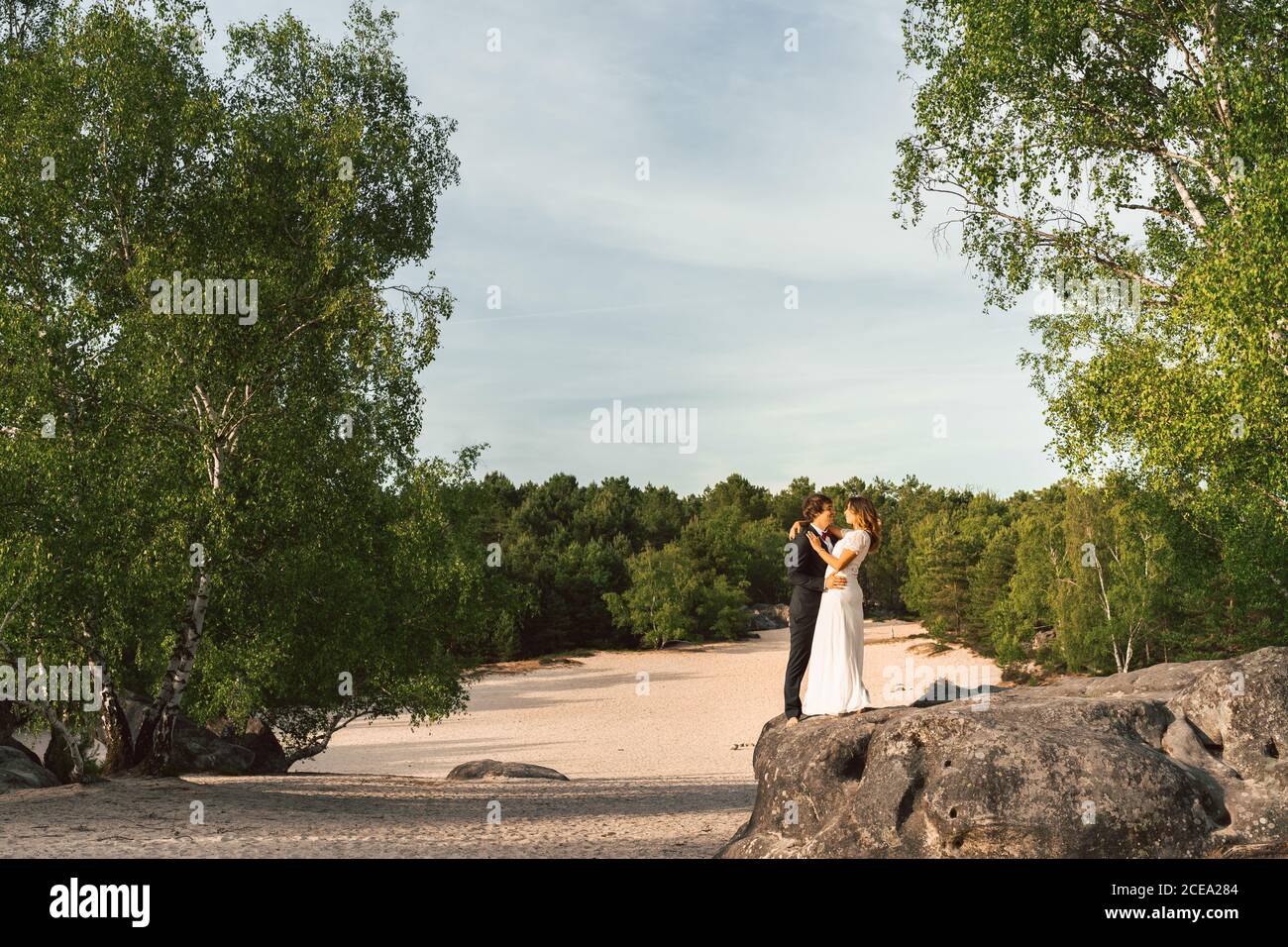 Blick in der Ferne von Paar in Brautkleider stehen auf Felsen und umarmen glücklich gegen grüne Bäume und blauen Himmel Stockfoto