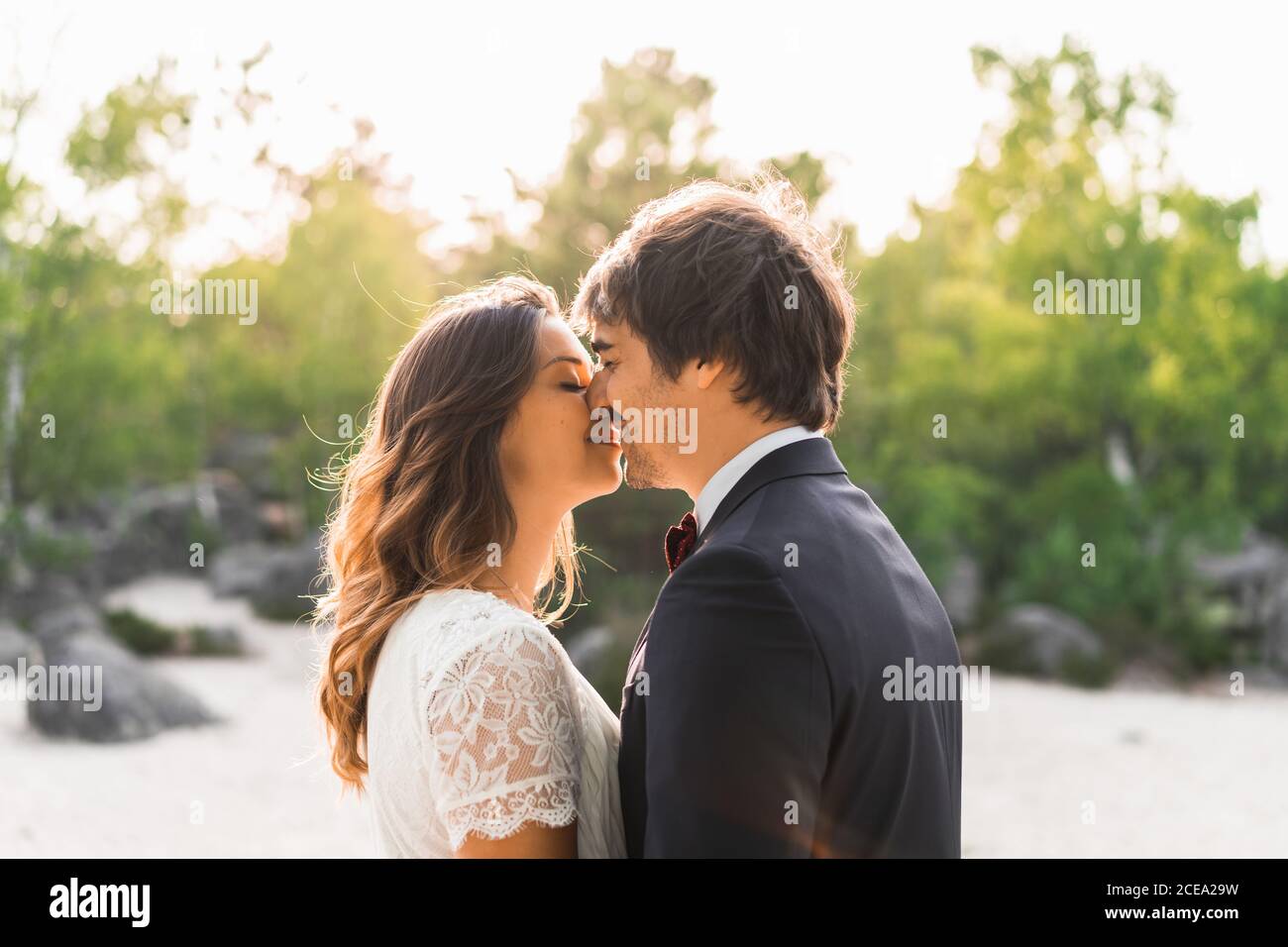 Ein Paar in Hochzeitskleider, die auf Felsen stehen und sich glücklich umarmen Gegen grüne Bäume und blauen Himmel Stockfoto