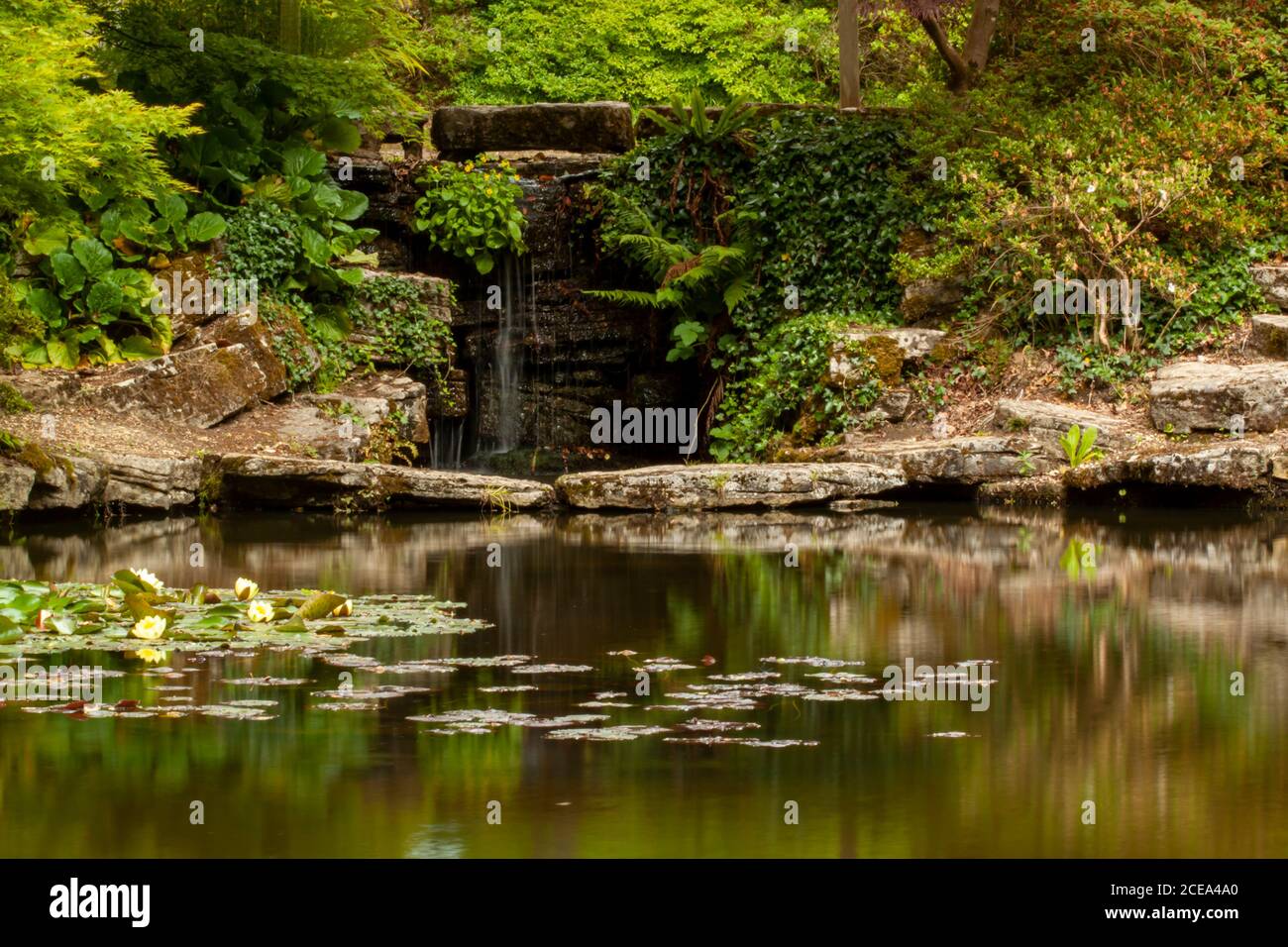 Eine lange Belichtung Bild von einem dekorierten Garten Teich mit Seerosen und einem kleinen Wasserfall, wo Wasser fließt über glatte Felsen in den Pool. Das ar Stockfoto