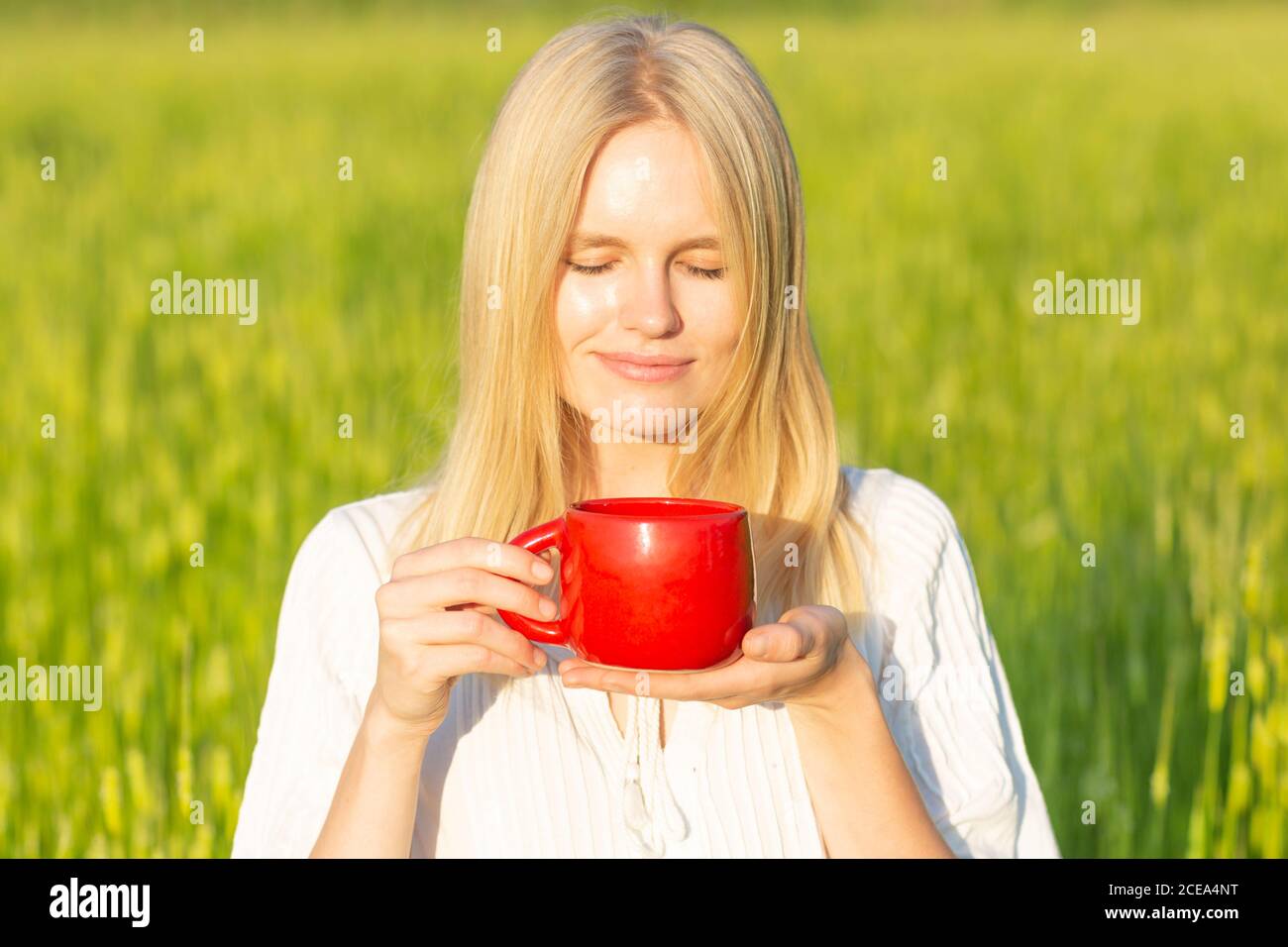 Schöne junge Frau, die an einem sonnigen Sommertag in der Natur ein Getränk trinkt. Grüner Feldhintergrund. Tee/Kaffee. Stockfoto