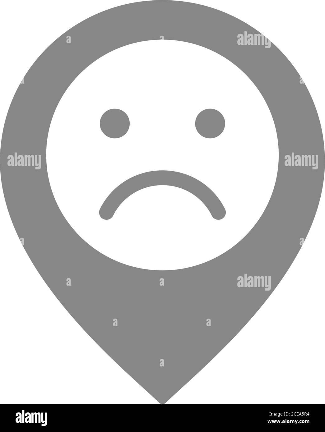 Standortmarkierung mit grauem Symbol für trauriges Gesicht. Kundenunzufriedenheit, Abneigung, Bewertungssymbol. Stock Vektor