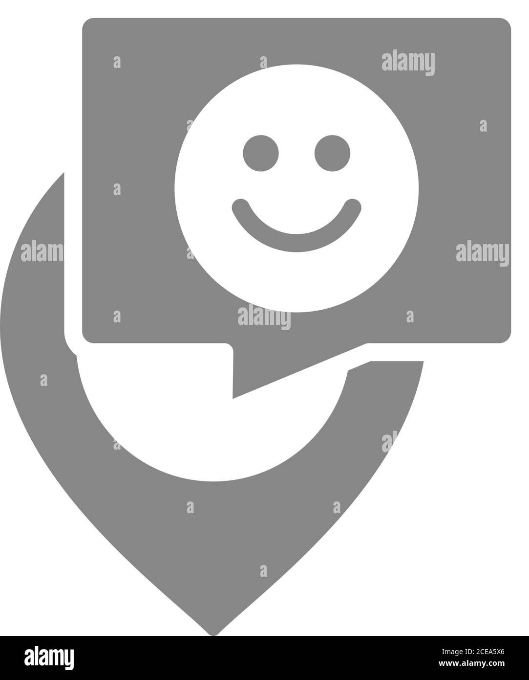 Standortmarkierung mit Sprechblase und grauem Symbol für glückliches Gesicht. Symbol für Kundenzufriedenheit. Stock Vektor