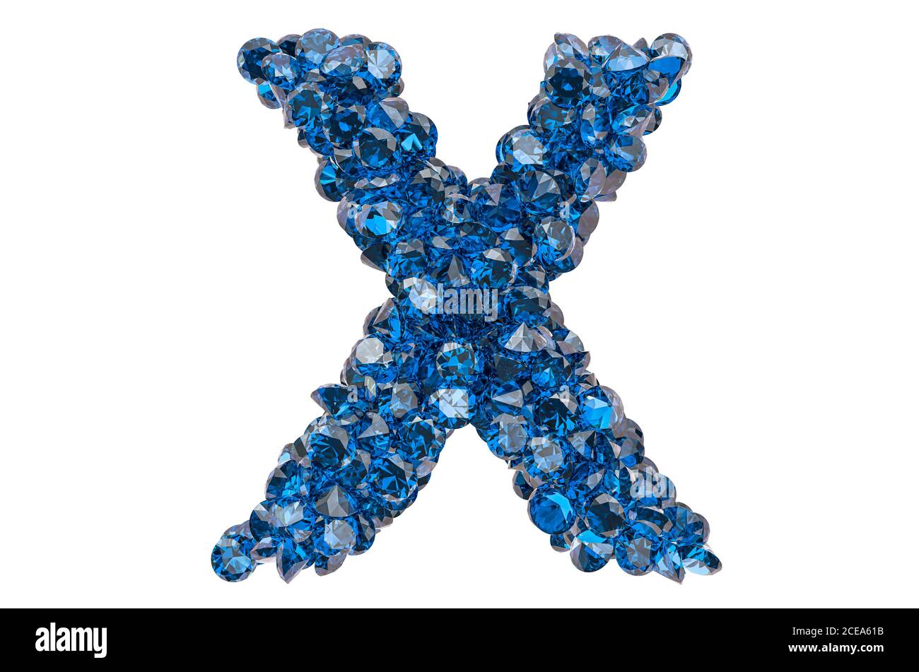 Buchstabe X aus blauen Diamanten oder Saphiren mit Brillantschliff. 3D-Rendering auf weißem Hintergrund isoliert Stockfoto