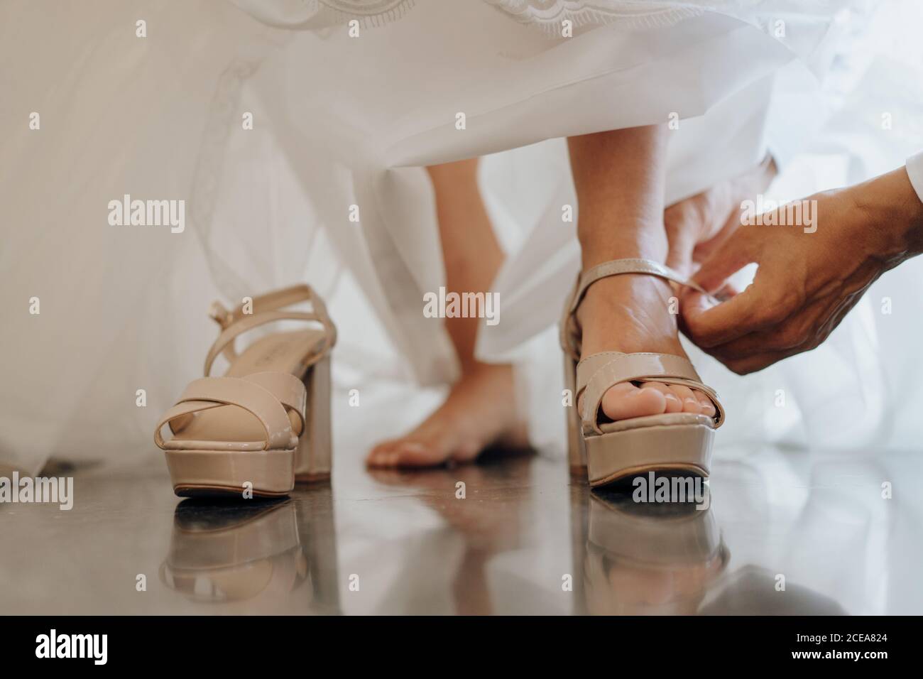 Crop Schuss von Mann binden Riemen von High Heels Auf Braut in flauschigen  weißen Kleid Stockfotografie - Alamy